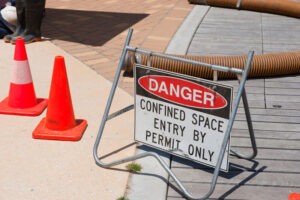 Danger sign for confined space entry, where confined space training is required in California